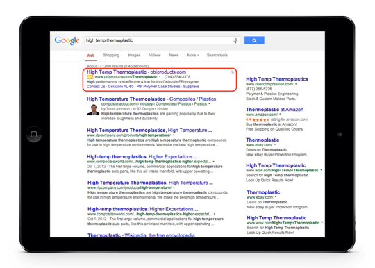 Google Adwords Search Ad Example In Top Position With Sitelinks for Polymers Client