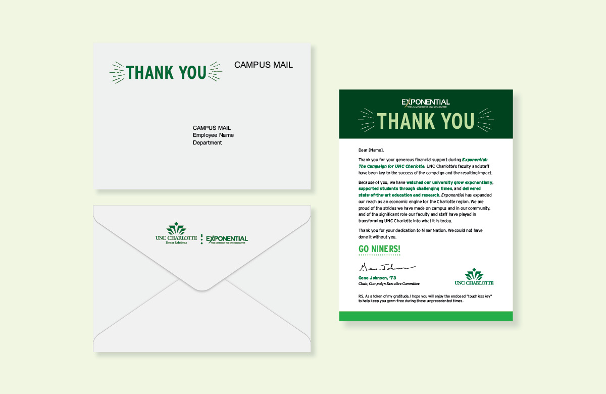 UNC Charlotte Exponential campaign letter and envelope