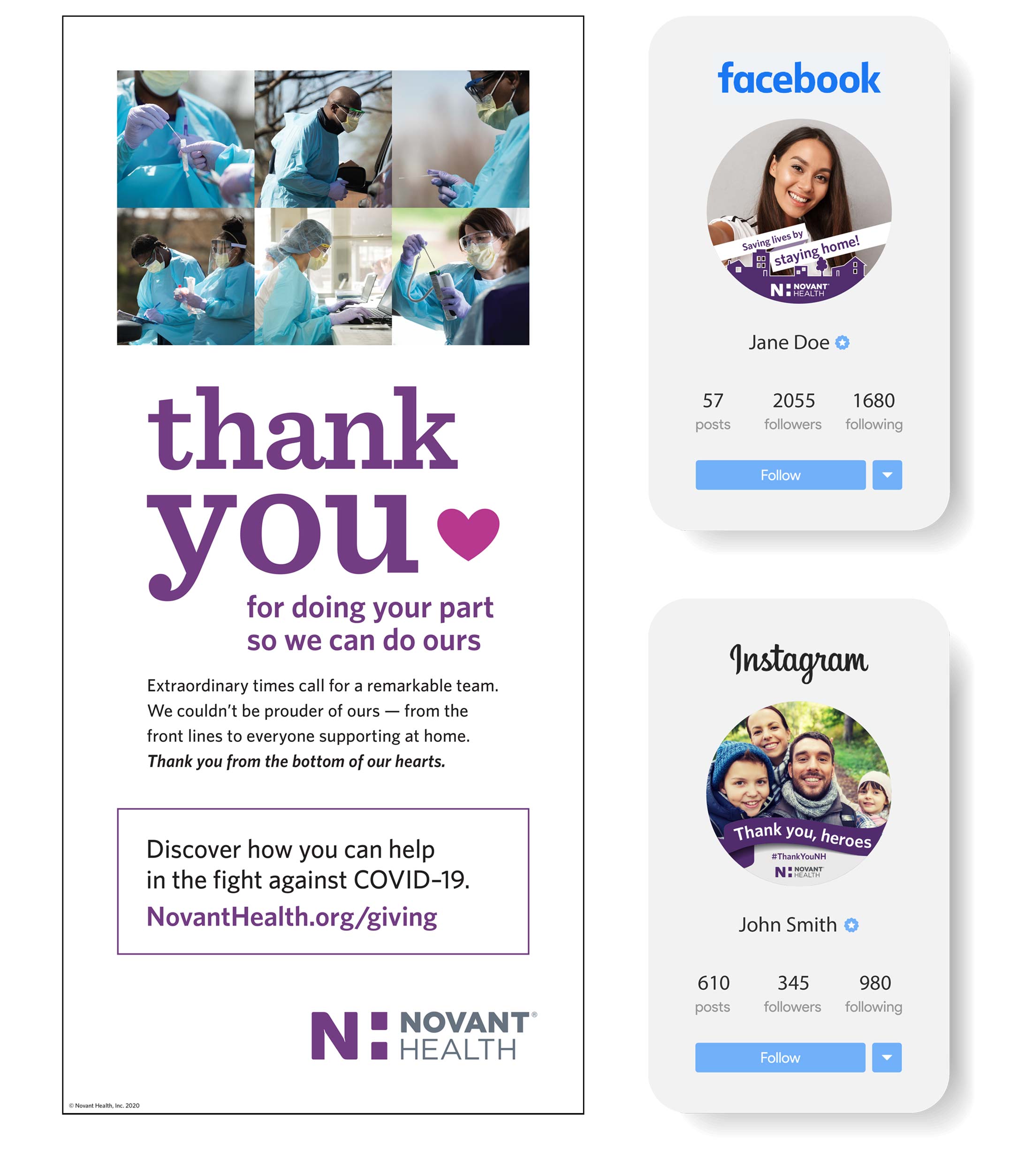 Novant Health COVID campaign | Thank You print ads and social filters